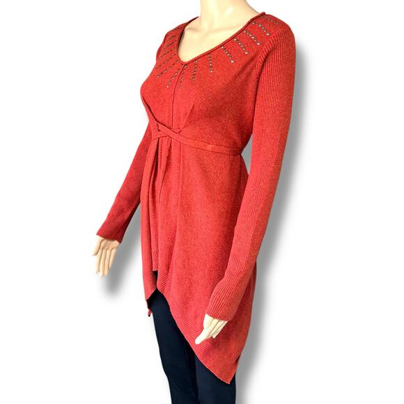 One World Womens Tunic Sweater Pullover Asymmetrical Studded Burnt Orange Medium - Picture 8 of 11